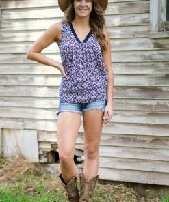 Staccato Navy Multicolor Lace Trim Floral Babydoll Tank