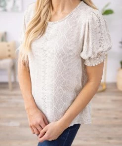 Les Amis Ivory Tonal Aztec Print Puff Sleeve Top