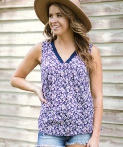 Staccato Navy Multicolor Lace Trim Floral Babydoll Tank