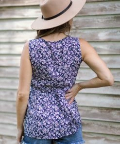 Staccato Navy Multicolor Lace Trim Floral Babydoll Tank