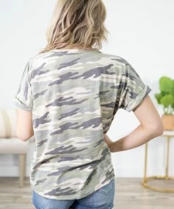 ADORA Sage Camouflage Print V-Neck Top Tops
