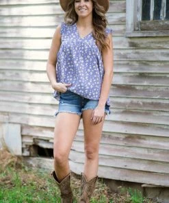 Staccato Cornflower And Yellow Floral Ruffle Trim Top