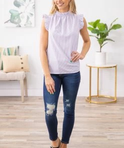 2 Hearts Inc White And Lilac Pinstripe Ruffle Trim Tank