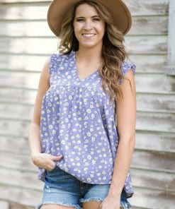 Staccato Cornflower And Yellow Floral Ruffle Trim Top