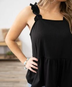 Shewin Black Ruffle Strap Drop Waist Tank 9 Shewin Black Ruffle Strap Drop Waist Tank