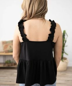 Shewin Black Ruffle Strap Drop Waist Tank 8 Shewin Black Ruffle Strap Drop Waist Tank