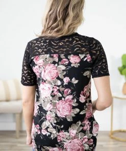 Heimish Black And Pink Lace Sleeve Floral Print Top Tops