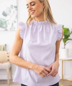 2 Hearts Inc White And Lilac Pinstripe Ruffle Trim Tank