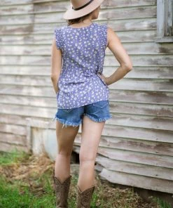 Staccato Cornflower And Yellow Floral Ruffle Trim Top