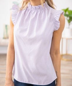 2 Hearts Inc White And Lilac Pinstripe Ruffle Trim Tank