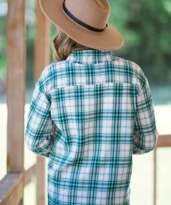 VEVERET Jade And Beige Plaid Button Up Top