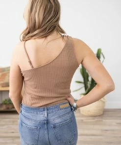 Shewin Tan Strappy One Shoulder Detail Tank