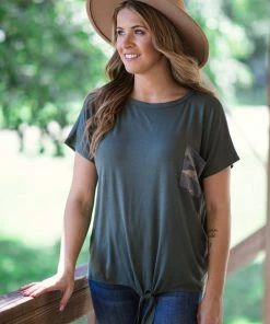 ADORA Olive Tie Front Top With Camouflage Pocket Tops