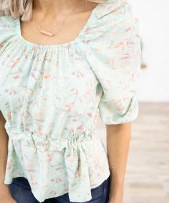 A&G Dress Code Tops Mint Leaf Print Off The Shoulder Peplum Top