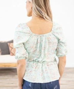 A&G Dress Code Tops Mint Leaf Print Off The Shoulder Peplum Top