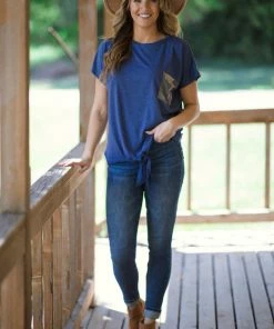 ADORA Slate Blue Tie Front Top With Camouflage Pocket Tops