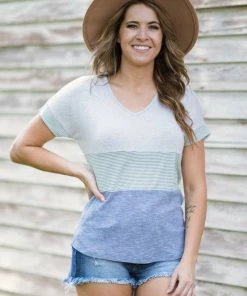 Staccato Light Grey And Olive Stripe Colorblock Top Tops