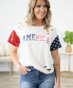 BIBI Tops Cream Distressed America Graphic Tee