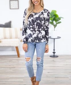 Shewin Charcoal And White Cow Print Top LONG SLEEVES