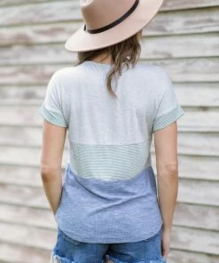 Staccato Light Grey And Olive Stripe Colorblock Top Tops