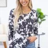 Shewin Charcoal And White Cow Print Top LONG SLEEVES