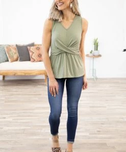 Staccato Tops Sage Criss-Cross Waist Detail Tank