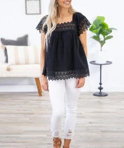 Shewin Black Crochet Lace Trim Square Neck Top