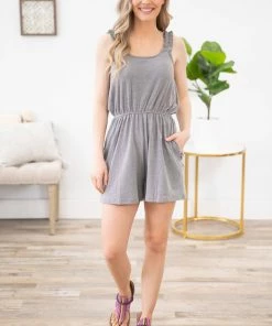 Heyson Grey Cinched Waist Romper With Ruffle Strap Dresses