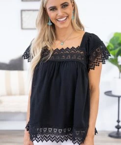 Shewin Black Crochet Lace Trim Square Neck Top