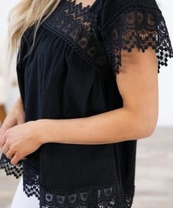 Shewin Black Crochet Lace Trim Square Neck Top