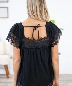 Shewin Black Crochet Lace Trim Square Neck Top