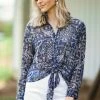 Timing Navy Paisley Tie Front Button Up Top