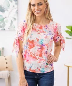 Renee C Pink And Coral Floral Print Tie Sleeve Top Tops 9 Renee C Pink And Coral Floral Print Tie Sleeve Top Tops
