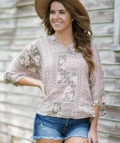 Andree By Unit Tops Sage And Blush Floral Geometric Print Top