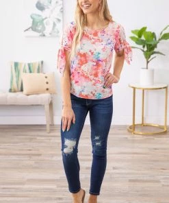 Renee C Pink And Coral Floral Print Tie Sleeve Top Tops 10 Renee C Pink And Coral Floral Print Tie Sleeve Top Tops