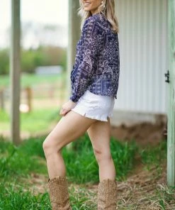 Timing Navy Paisley Tie Front Button Up Top