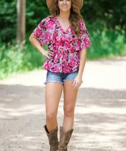 Staccato Hot Pink Multicolor Dolman Sleeve Peplum Top