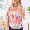 Renee C Pink And Coral Floral Print Tie Sleeve Top Tops