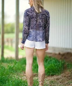 Timing Navy Paisley Tie Front Button Up Top