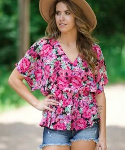 Staccato Hot Pink Multicolor Dolman Sleeve Peplum Top