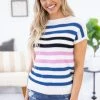 Shewin White Stripe Lightweight Short Sleeve Sweater SWEATERS