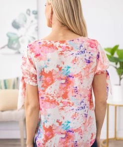 Renee C Pink And Coral Floral Print Tie Sleeve Top Tops 11 Renee C Pink And Coral Floral Print Tie Sleeve Top Tops