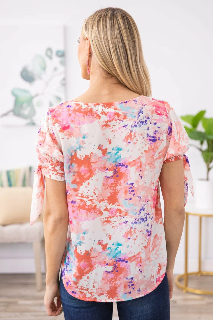 Renee C Pink And Coral Floral Print Tie Sleeve Top Tops 7 Renee C Pink And Coral Floral Print Tie Sleeve Top Tops