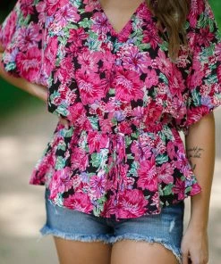 Staccato Hot Pink Multicolor Dolman Sleeve Peplum Top