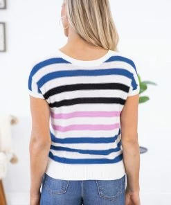 Shewin White Stripe Lightweight Short Sleeve Sweater SWEATERS