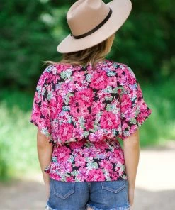 Staccato Hot Pink Multicolor Dolman Sleeve Peplum Top