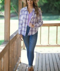 VEVERET Lavender And Beige Plaid Button Up Top Tops