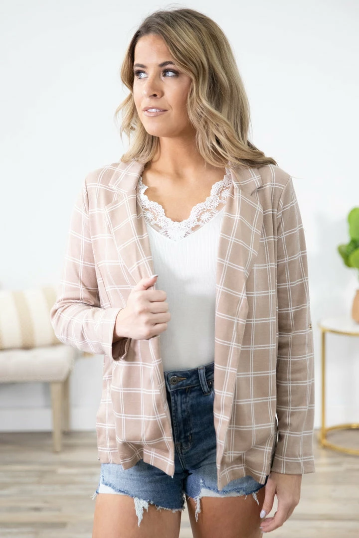 Haute Monde Tan And White Plaid Blazer LONG SLEEVES 3 Haute Monde Tan And White Plaid Blazer LONG SLEEVES
