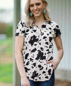 BOMBOM SHORT SLEEVES Black And Beige Cow Print Top With Buttons