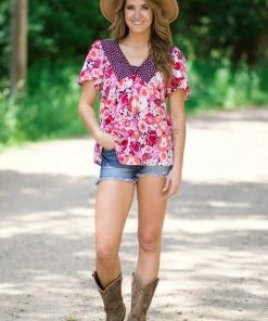 Staccato Pink And Coral Floral Print Contrast Trim Top